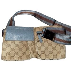Gucci GG Monogram Web Double Pocket Belt Bag Ice Blue RARE color 162962-497717